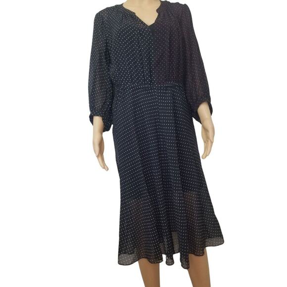 Silk Crepe Black Dots Akris Punto Slightly Sheer Midi Dress 3/4 Sleeve SZ 8 - Picture 2 of 10